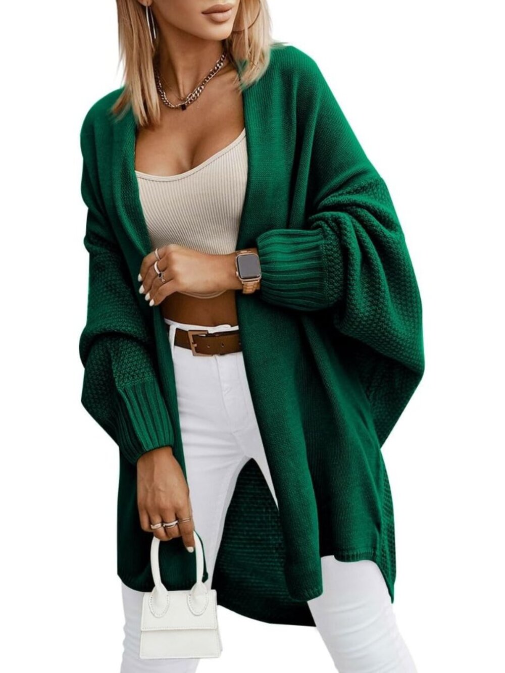 Women Green Batwing Sleeve Soft Comfy Dressy Casual Long Open Front Clothes